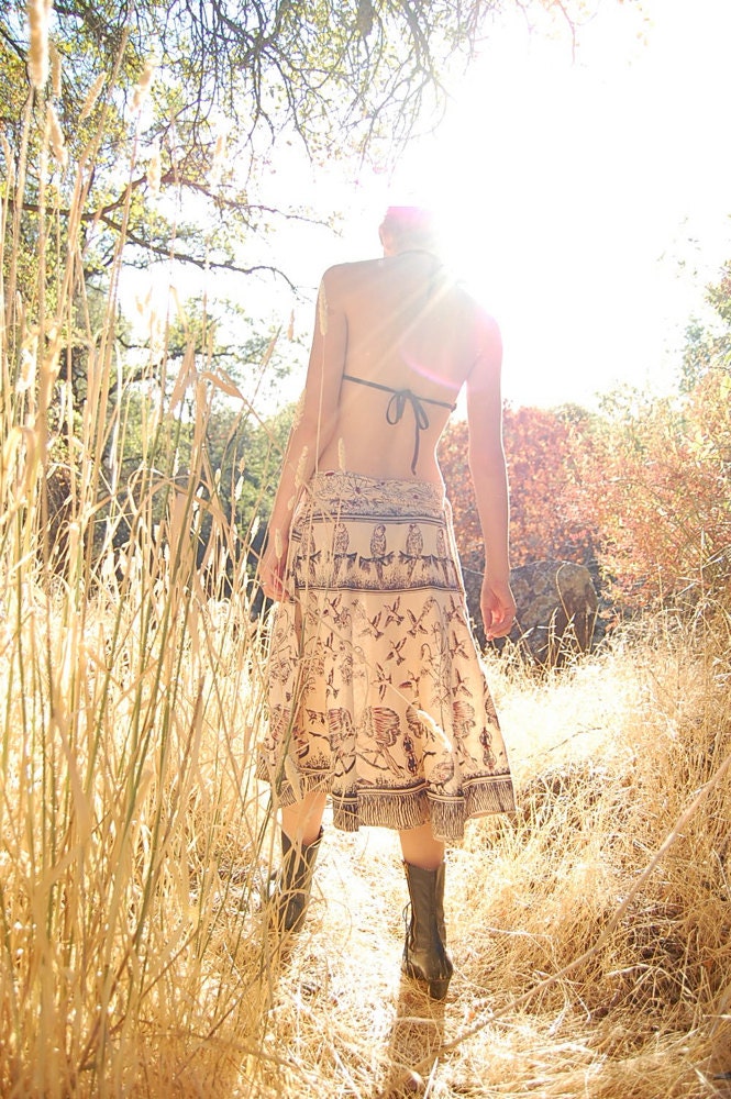 Wrap Skirt Vintage 70s Tan Flock of Birds Boho Batik Hippie Wrap Around Skirt (s m)