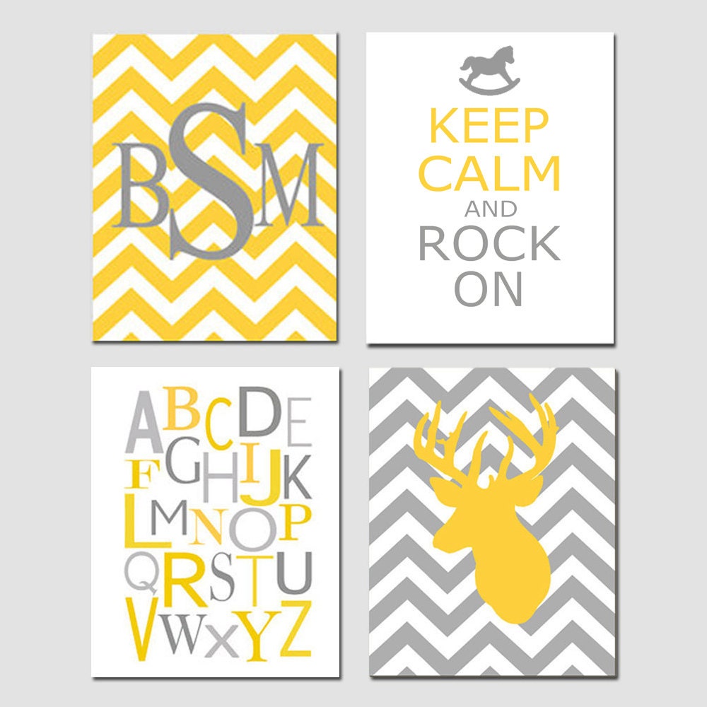 Nursery Quad - Set of Four 8x10 Prints - Chevron Monogram, Keep Calm Rock On, Modern Alphabet, Chevron Deer - Yellow, Gray
