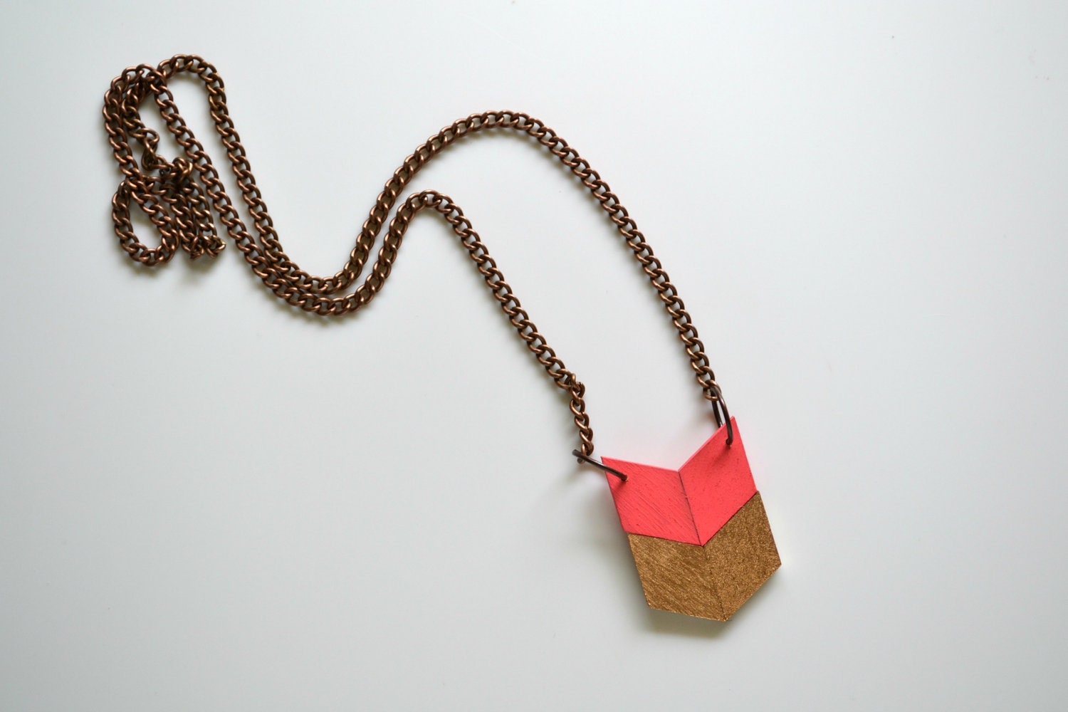 Yuchi Mini Arrow Chevron Tribal Necklace in Coral Pink and Gold Color Block