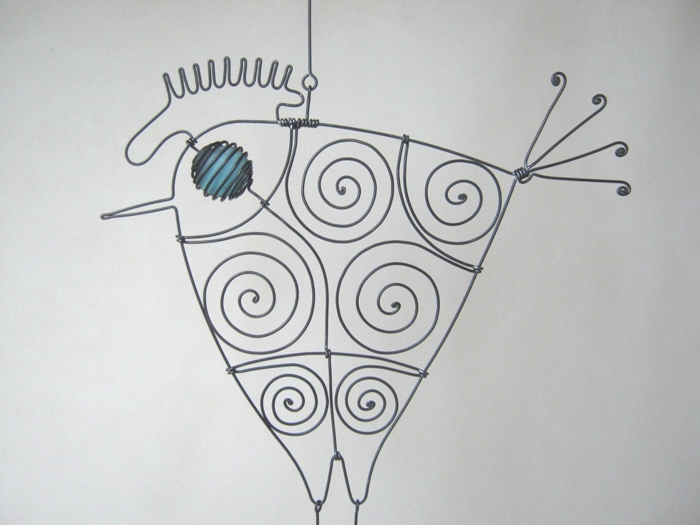 Wire Rooster Sculpture In Turquoise / Hanging Wire Bird With Movable Legs