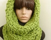 Chunky Tunnel Cowl/Hood in  Wool Blend in Apple Green - Hand Crocheted