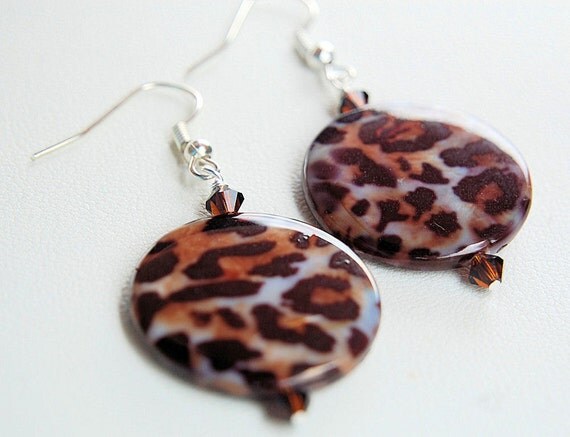 Leopard print mother of pearl brown white swarovski crystal silver earrings