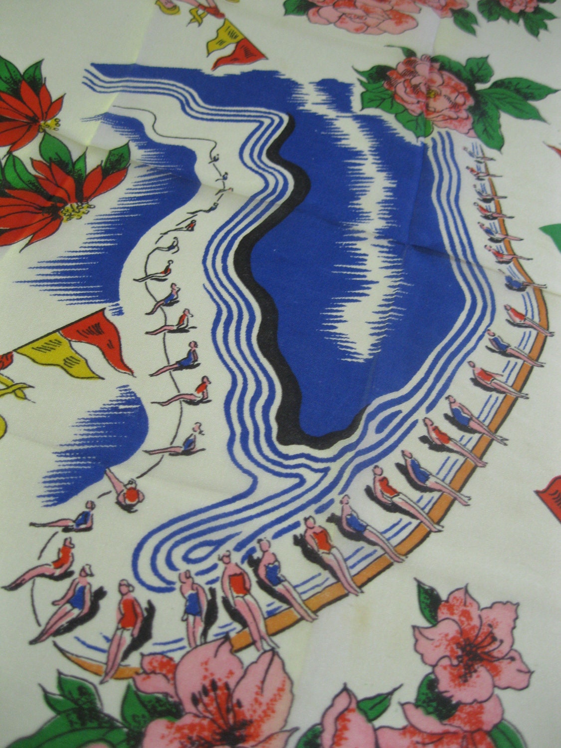 Vintage Florida handkerchief, Cypress Gardens hankie, Esther Williams pool, 1950s