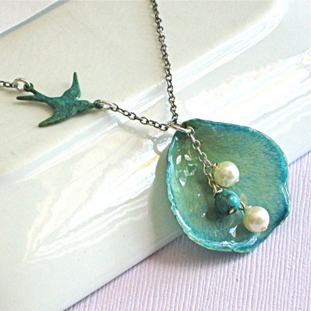Real Rose Petal Necklace - Turquoise, Pearl, Natural, Flower Jewelry, Sterling Silver