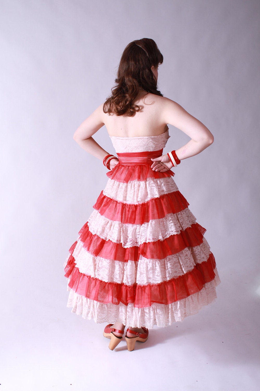 Vintage 1950s Party Dress - Red and Pale Pink Tulle Cupcake Princess Strapless Party Wedding Dress Tea Length