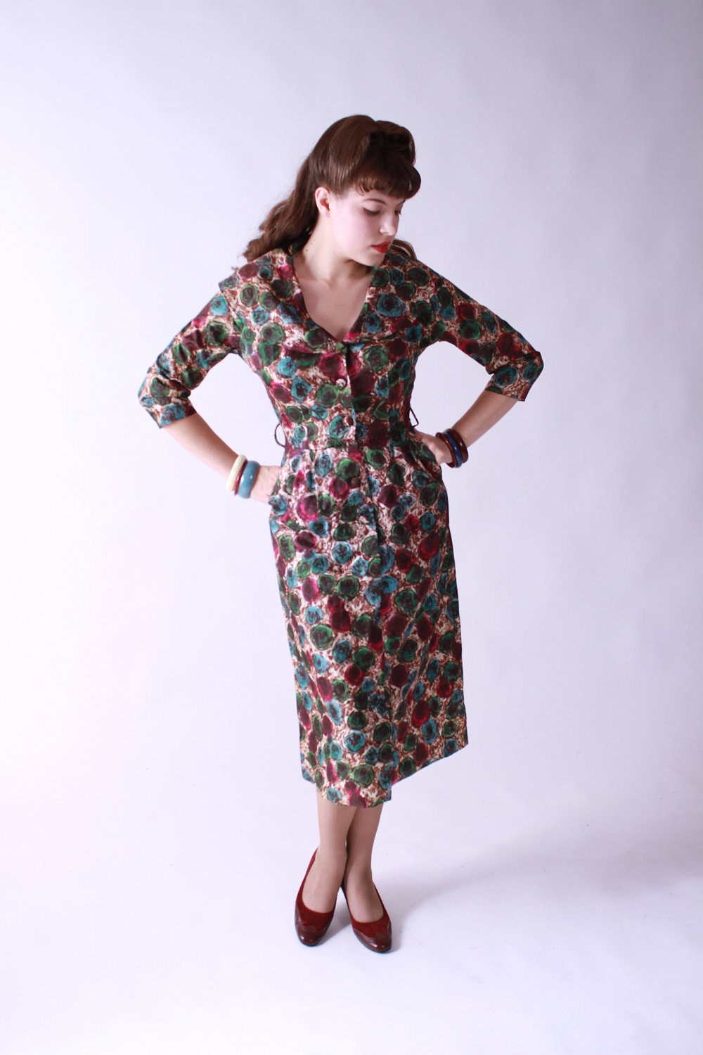 Vintage Late 1950s Bombshell Mad Men Dress with Rose Print