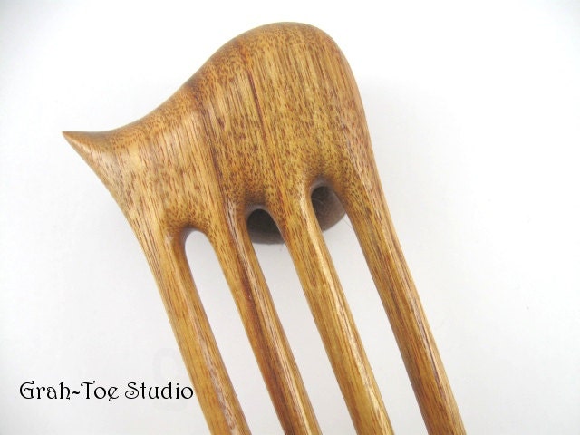 Canary Wood Hair Fork 4 Prong , Lilli Wave Hair Fork, Grahtoe Handmade Hair Stick