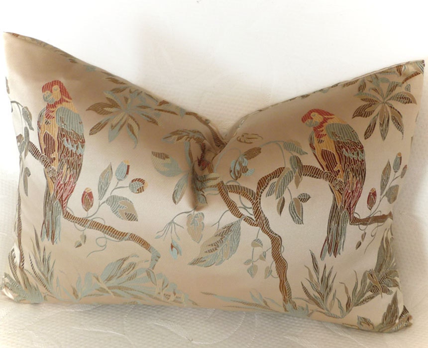 Birds Throw Pillow, Luxury, Decorative Floral Cushion Cover, Contemporary, Colorful Parot Bird, Pale Aqua Green Tan Sage, Oblong 14x20