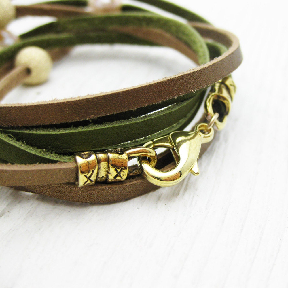 Peach Pearl and Gold with Bronze and Olive Leather Wrap Bracelet / Fresh Water Pearl & Eco Friendly Leather / gladiator tribal bohemian sag