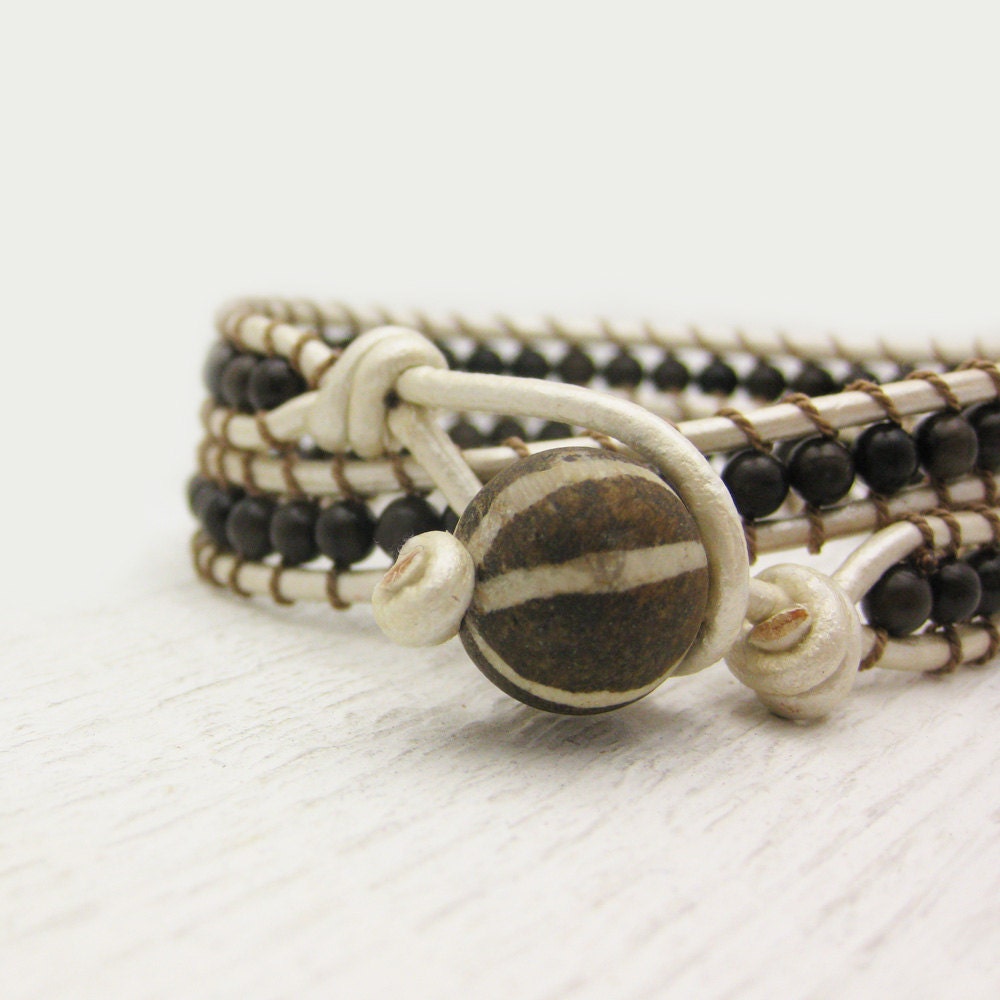 Pearl Leather Bronzite Wrap Bracelet / fossilized coconut wood with silk / chocolate brown cream ivory / bohemian tribal neutral