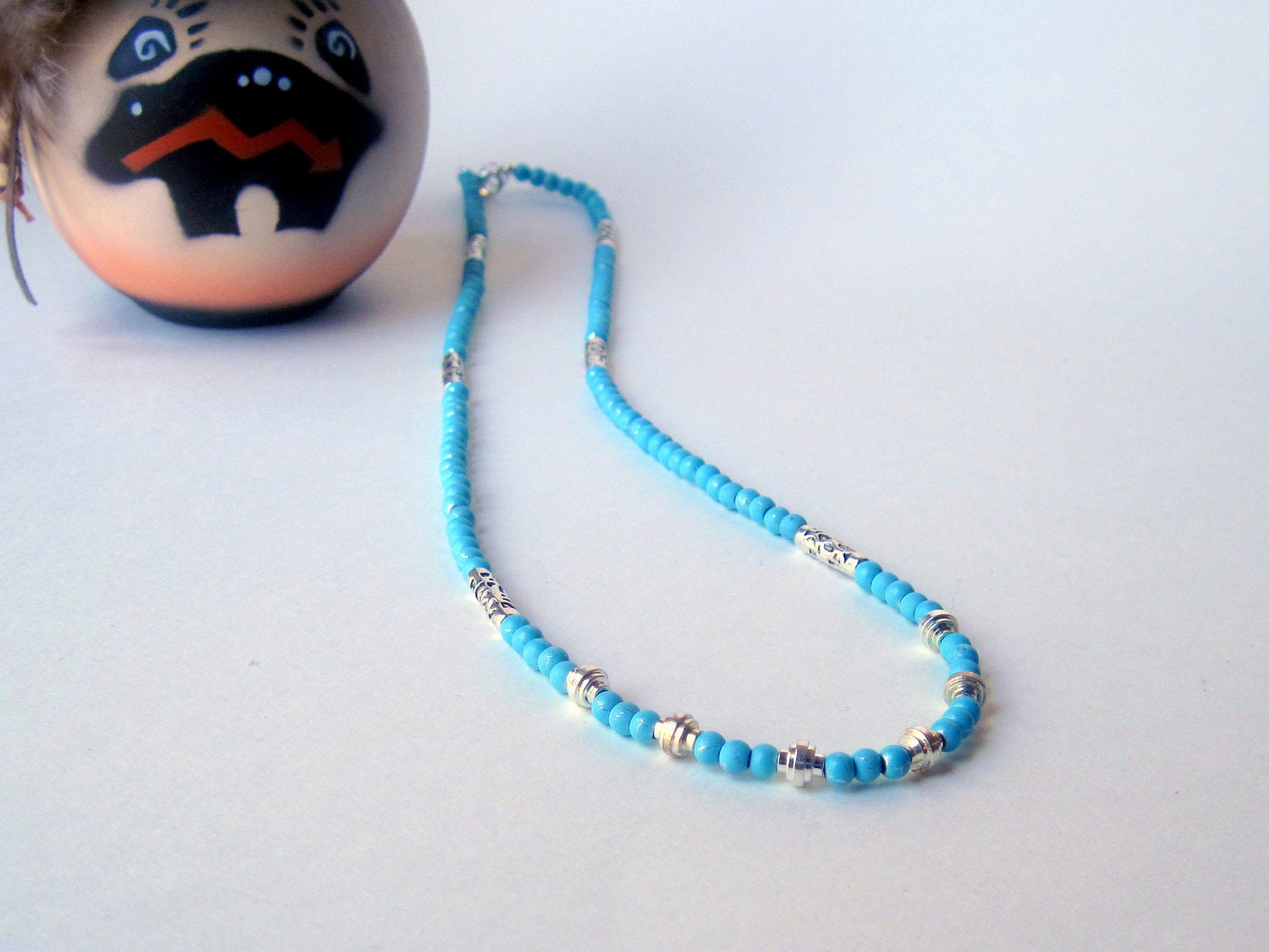 Turquoise Blue Beaded Necklace w Silver Accents - Desert Breeze