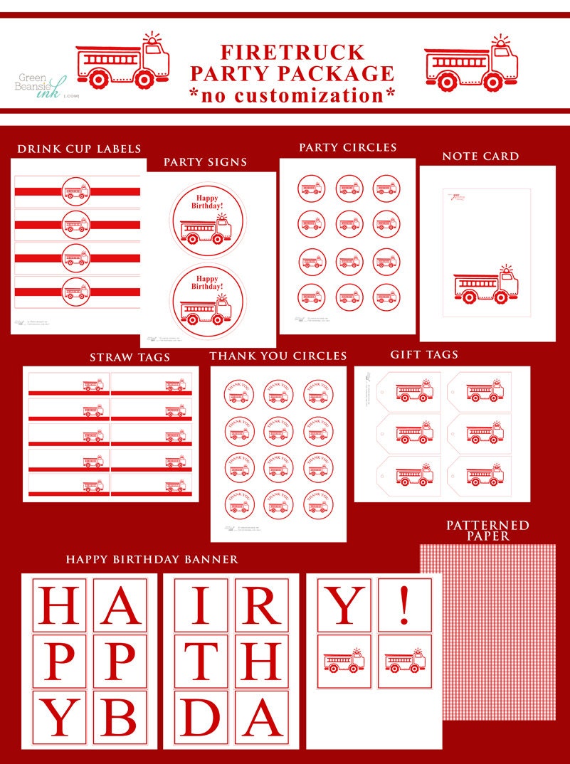 RED FIRETRUCK Printable Birthday Party Decor Package - no customization included Il_170x135