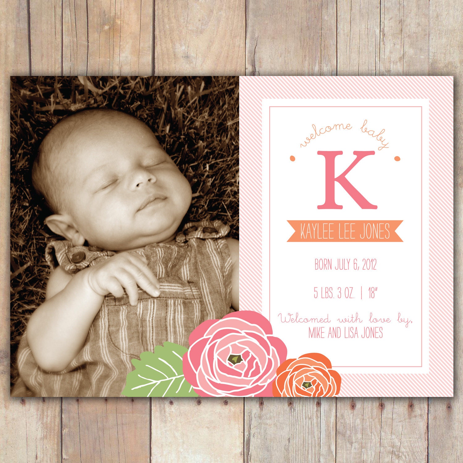 Floral Monogram - Custom Photo Baby Birth Announcement Il_570xn