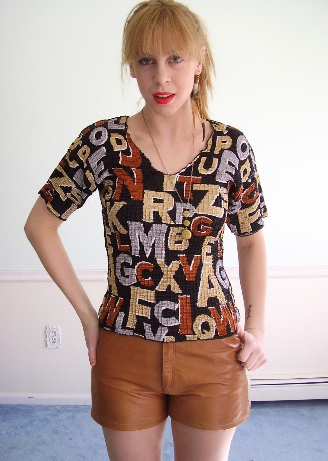 Alphabet Printed Vintage 90s Stretchy Fitted Graphic Top SMALL