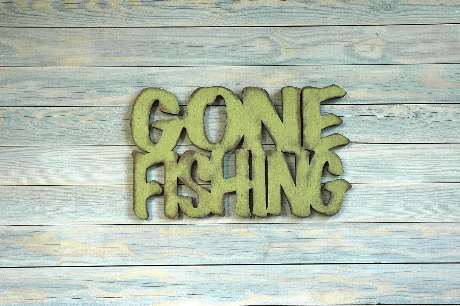 GONE FISHING- Handmade Wooden Wall Art Sign - You Choose Color - For Home Decor Gift Wall Hanging Shabby Chic Vintage Rustic