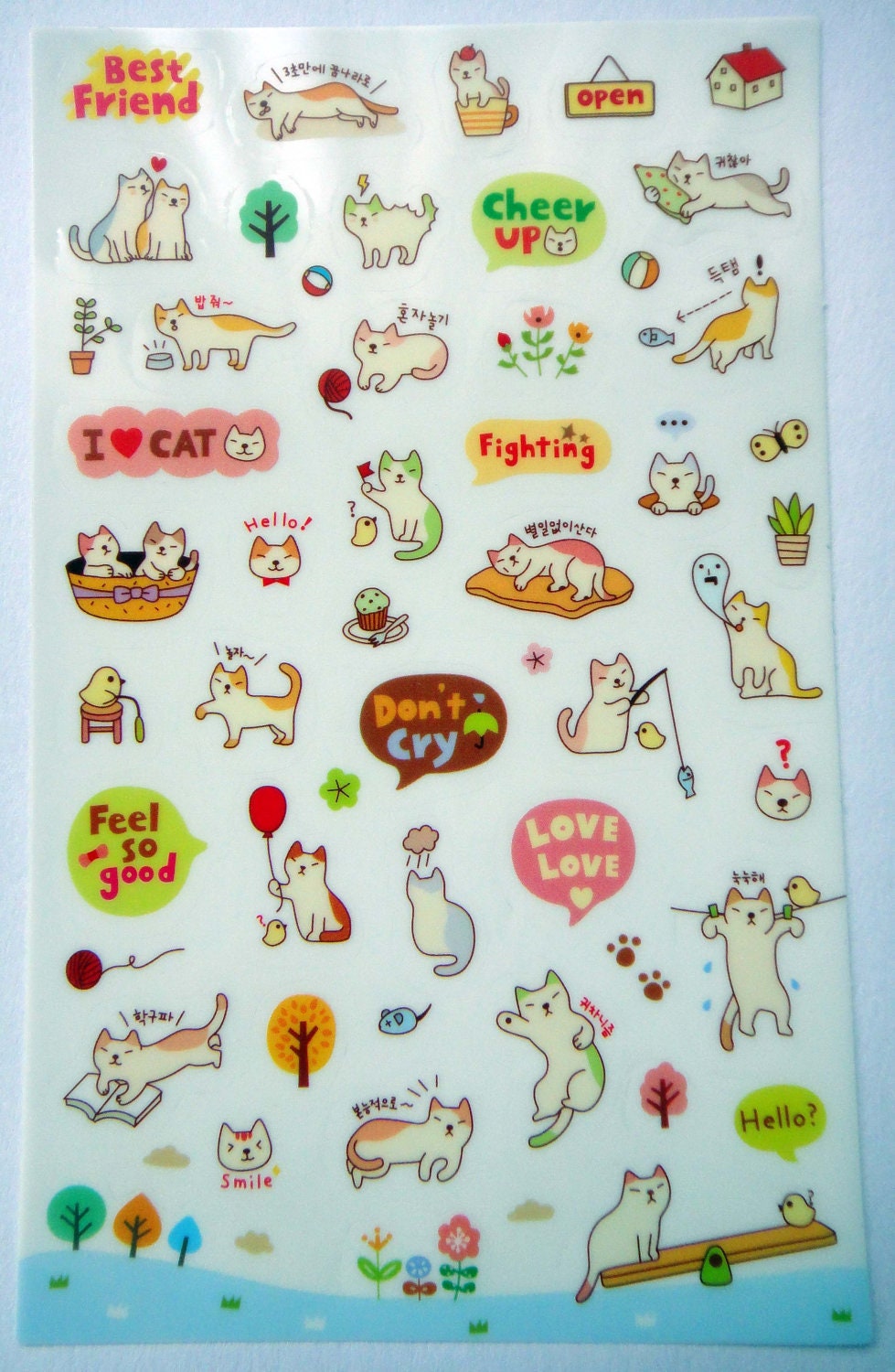 Cute Kitten Cat Plastic Stickers From Korea - House, Cup, Cherry, Tree, Wool, Flowers, Plant, Fish, Pillow, Cupcake, Bird, Mouse, Laundry