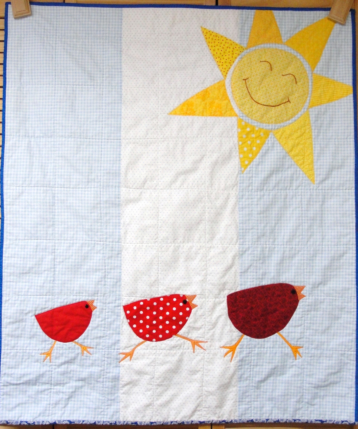 Baby quilt with three red birds and sun- appliqued, hand embroidered- yellow, blue, white, red, nursery, USA PRIORITY Shipping