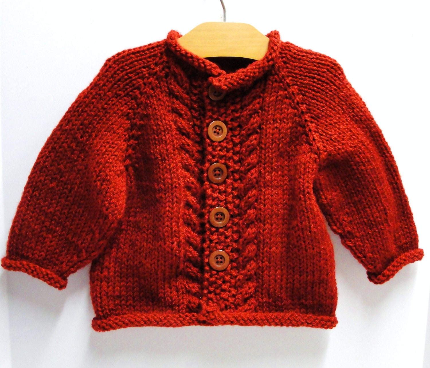 Baby cardigan sweater- "Red Velvet Cake" long-sleeved with cables 18 month size