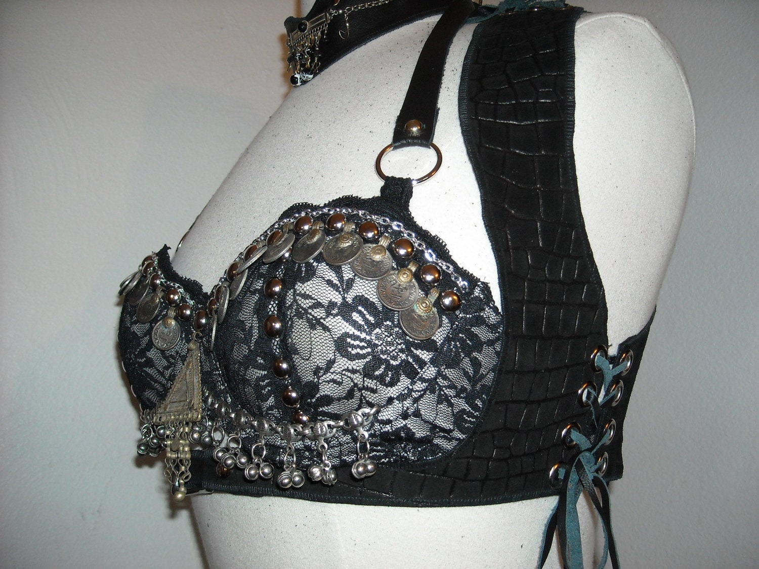 Dragon Scale, Black leather Turkish Vest, Tribal Fusion, Goth