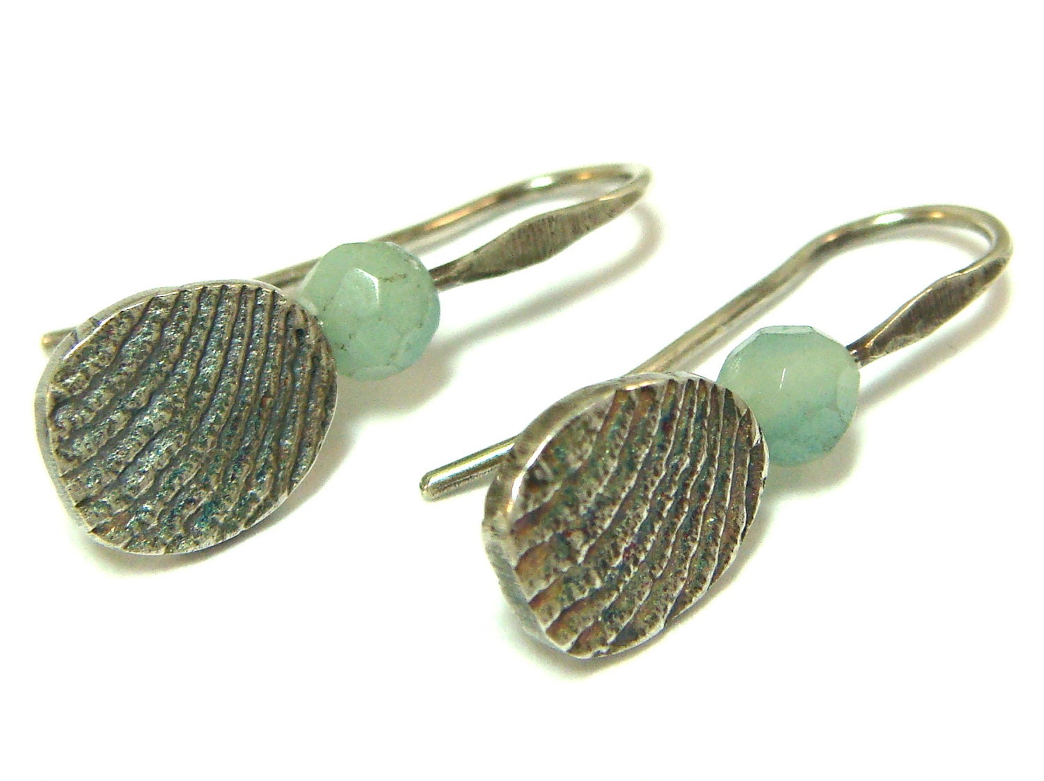 Handmade Textured Silver and Aventurine Blue Earrings - Blue and Silver Dangle Earrings