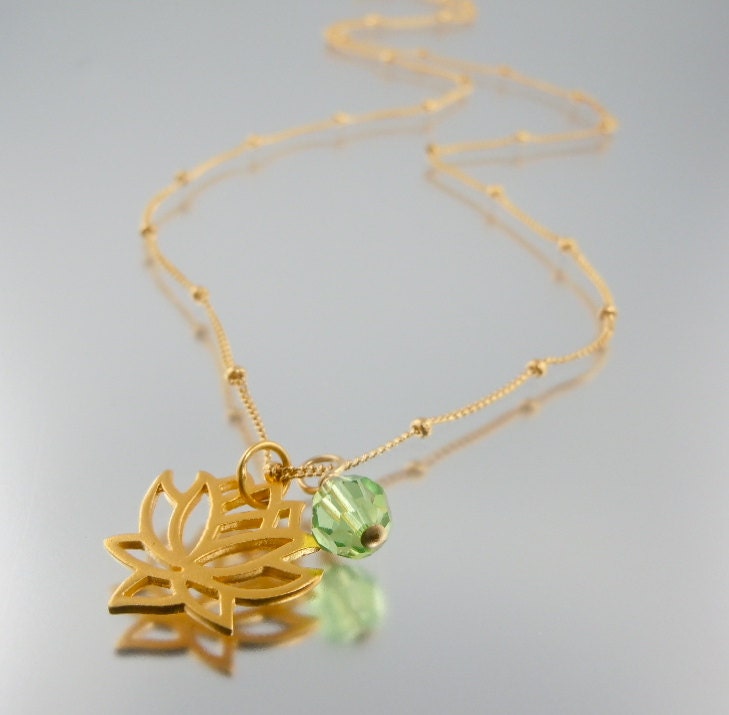 Gold Lotus Flower Necklace - Choose your birthstone color