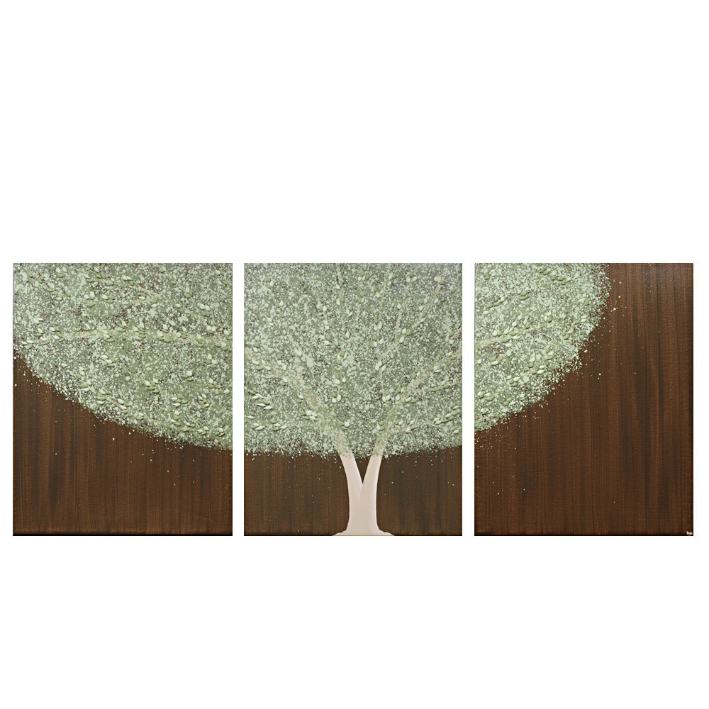 Canvas Art - Large Tree Painting - Original Textured Art Triptych 50X20 - Brown and Green Home Decor - IN STOCK - Amborela