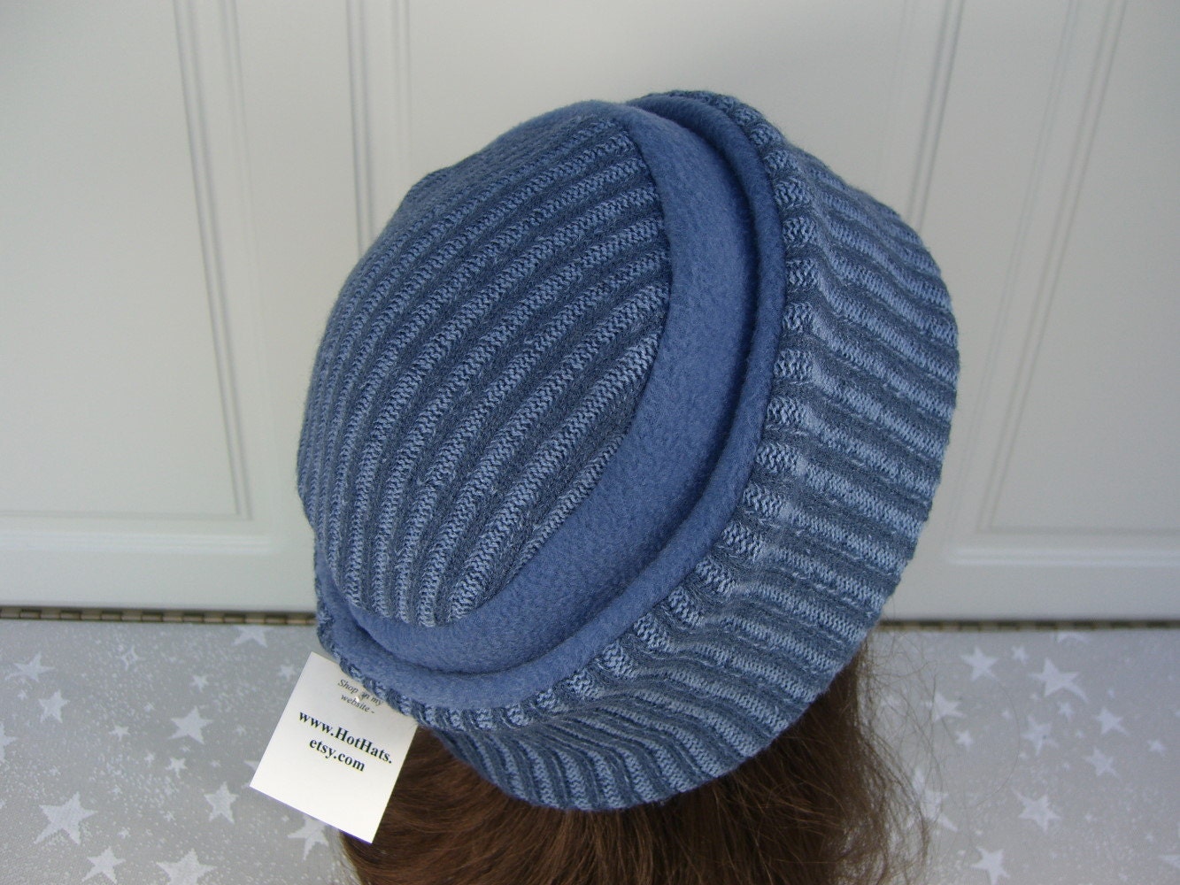 Upcycled Medium Blue SWEATER HAT pillbox style, Women's Fleece Hat, Sweater Pillbox Hat, Women's Winter Hat