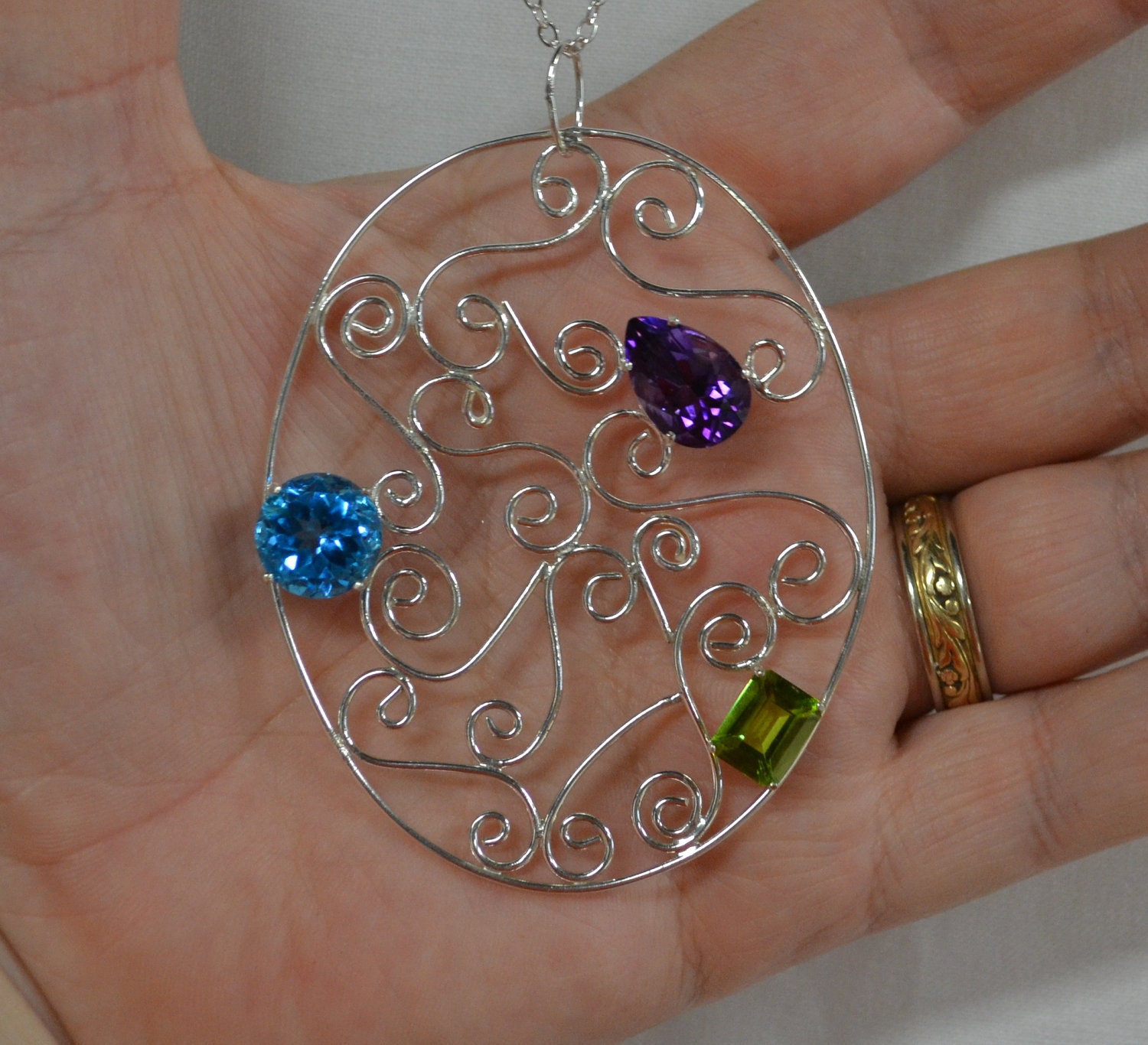 Sterling Silver Filigree Pendant with Amethyst, Blue Topaz and Peridot Gems