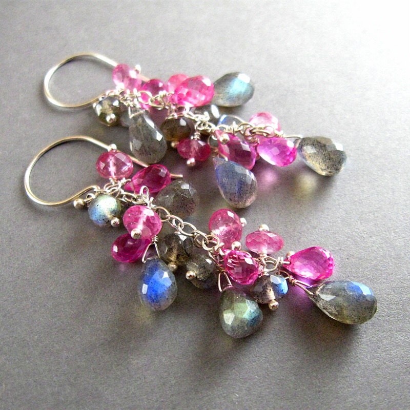 Labradorite, Topaz and Quartz Wire Wrapped Dangle Earrings