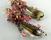 Smokey Quartz, Pink Quartz and Pink Topaz Cluster Wire Wrapped Earrings