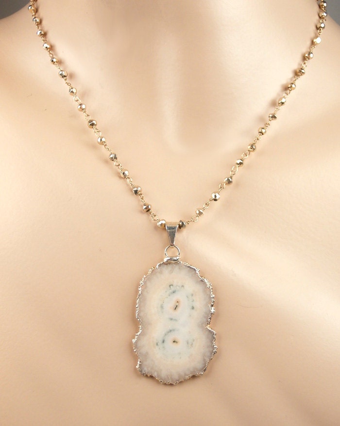 Unique Agate Slice Necklace Gold Pyrite Wire Wrapped 14kt Gold Fill Pyrite Rosary Style Choker Necklace - Sydney