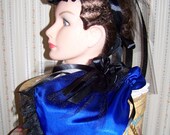Civil War Hat and Reticule,Victorian Ladies,Royal Blue teardrop satin with Black Satin ruffle costume