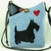 Scottie Recycled Wool Purse Wool Bag Shoulder Bag Light Blue and Black Applique Adjustable Leather Strap Eco Friendly