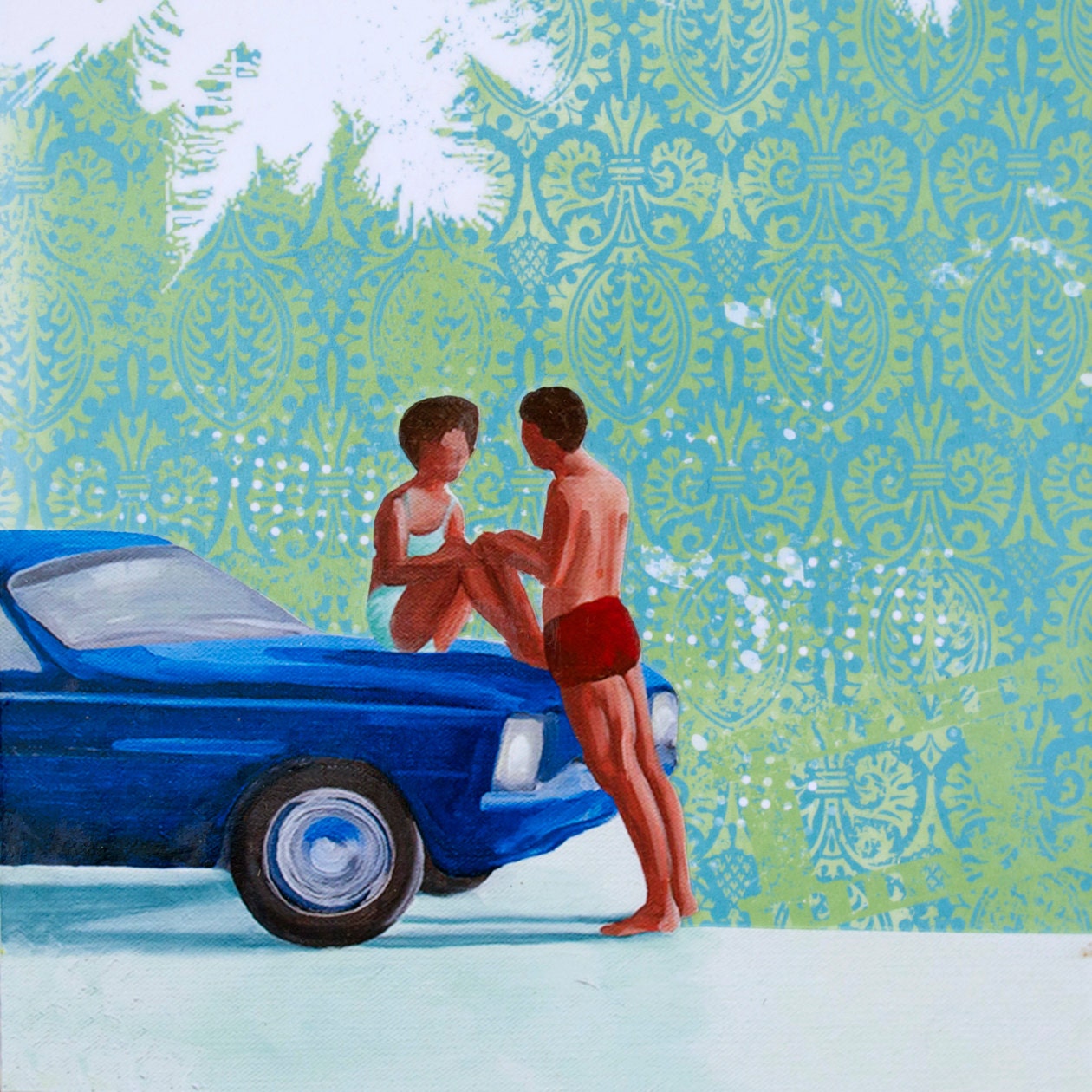 COLLAGE - Seaside Cruising II Collage, Acrylic & Giclee on Wood Block by Daina Scarola (lovers, African-American, exotic, tropical, Hawaii)