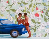 COLLAGE - Seaside Cruising III Collage, Acrylic & Giclee on Wood Block by Daina Scarola (lovers, African-American, exotic, tropical, Hawaii)