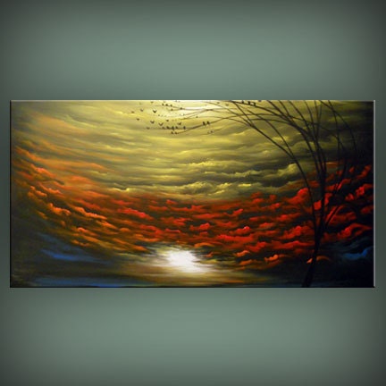 ORIGINAL large abstract painting tree landscape bird rainbow cloud 48 x 24