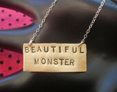 BEAUTIFUL MONSTER--Mixed Metal Necklace, Lady Gaga, Little Monsters, Brass Rectangle Necklace, Bitch, Hand Stamped Brass