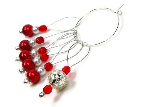 Beaded Stitch Markers Set Knitting. Snag Free, Gift for Knitter, Direct Checkout, TJBdesigns, Red, Silver