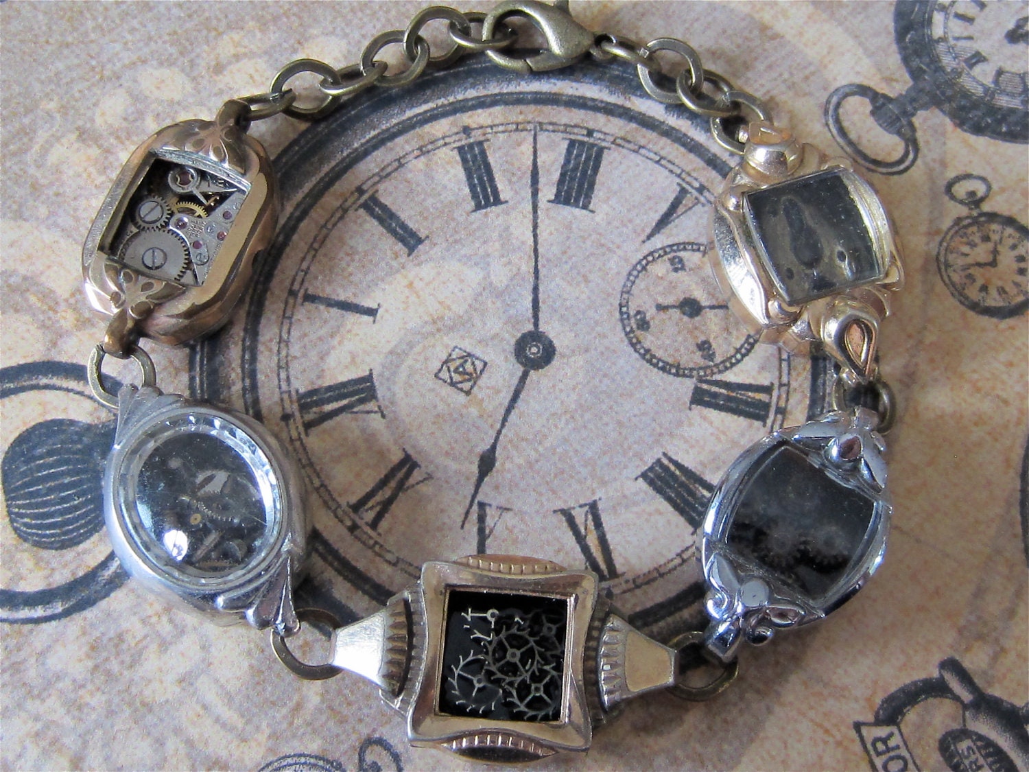Steampunk Bracelet - In the Works - Steampunk watch parts charm bracelet - Repurposed art