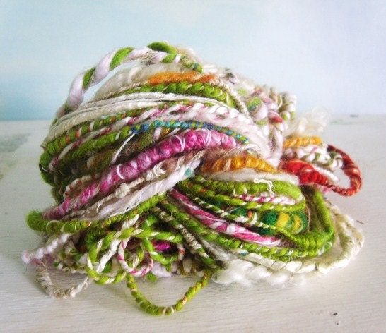 Hand spun yarn Coil Bulky corespun 'summer time happines' Art Yarn 26yards Silk