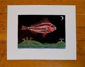 Underwhelmed - hand-colored linocut print
