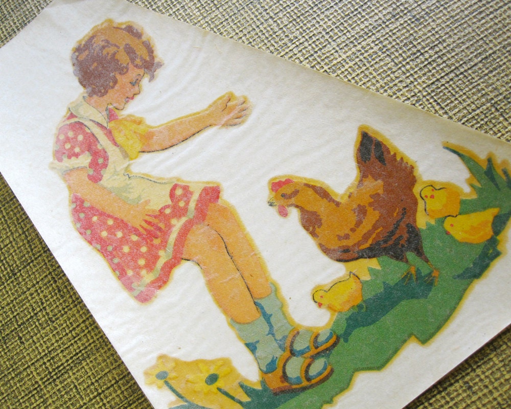 Decal sheet from the 40s, farm girl feeding chicken