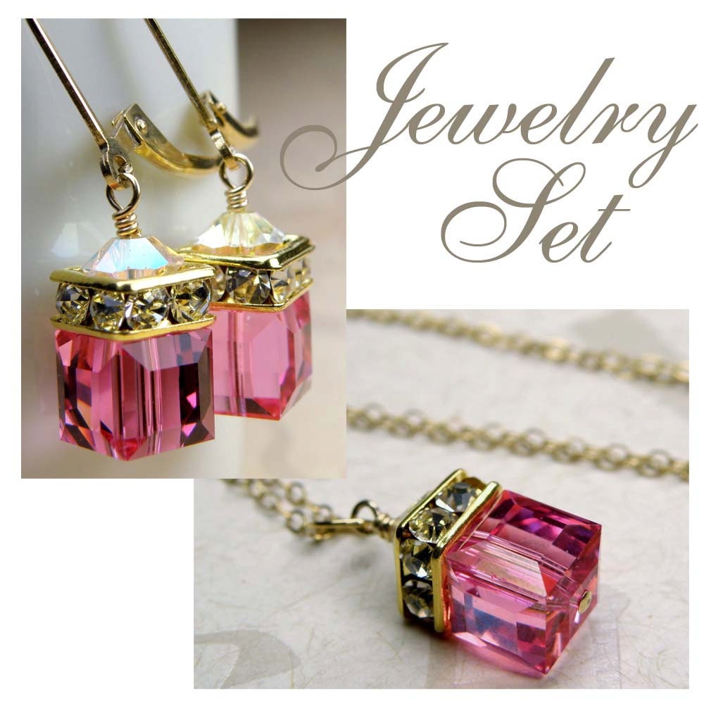 Rose Pink Necklace and Earrings, Swarovski Crystal, Gold, Handmade Jewelry Set, Spring Fashion, October Birthday