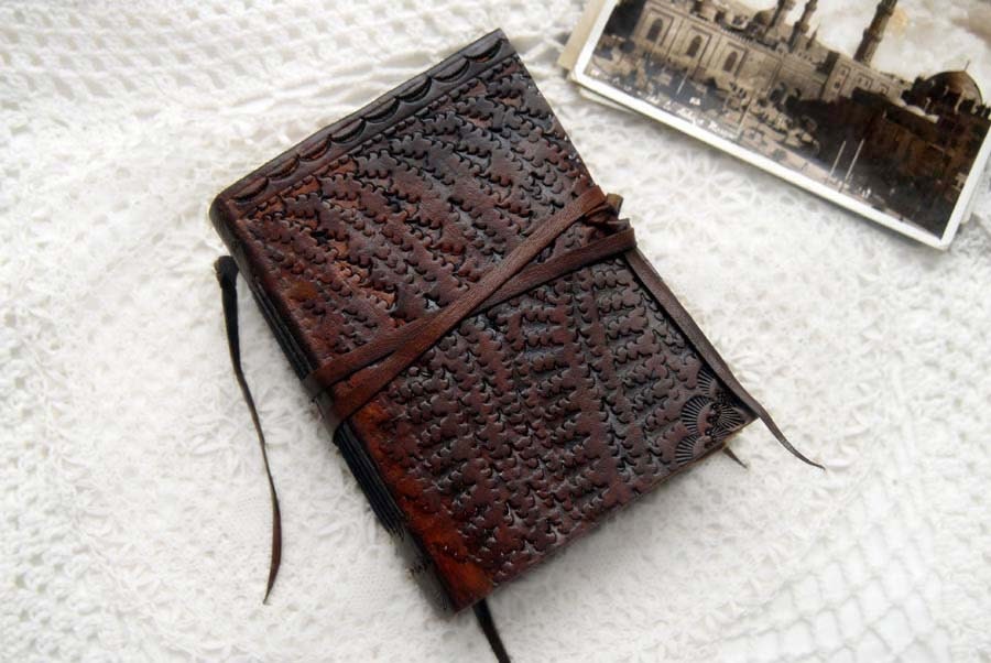 The Archivist - Vintage Tooled Leather Journal with Rustic Tea Stained Pages, Vintage Ink Stamps & Mixed Paper Ephemera