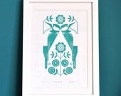 Woodpeckers in Turquoise - Hand Pulled, Signed, Gocco Screen Print