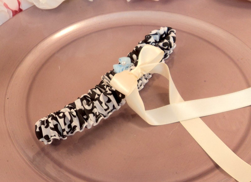 Simple Satin Bridal Garter with BONUS Something Blue..You Choose The Colors..shown in black and white damask/ivory