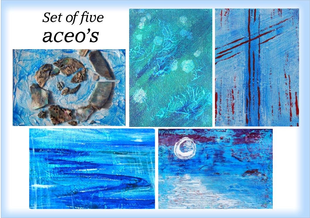 Original ACEOs Set of 5 in blue - paua shell miniature art cards 2.5 x 3.5