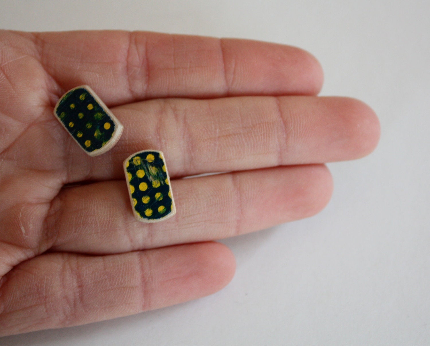 Recycled Skateboard Large Pez Shaped Stud Earrings-Yellow Polka Dots