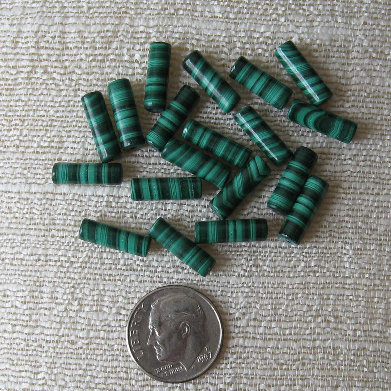 Natural Gemstone Malachite Tube Beads, lot of 18, 13mm long, nice green stripes, untreated
