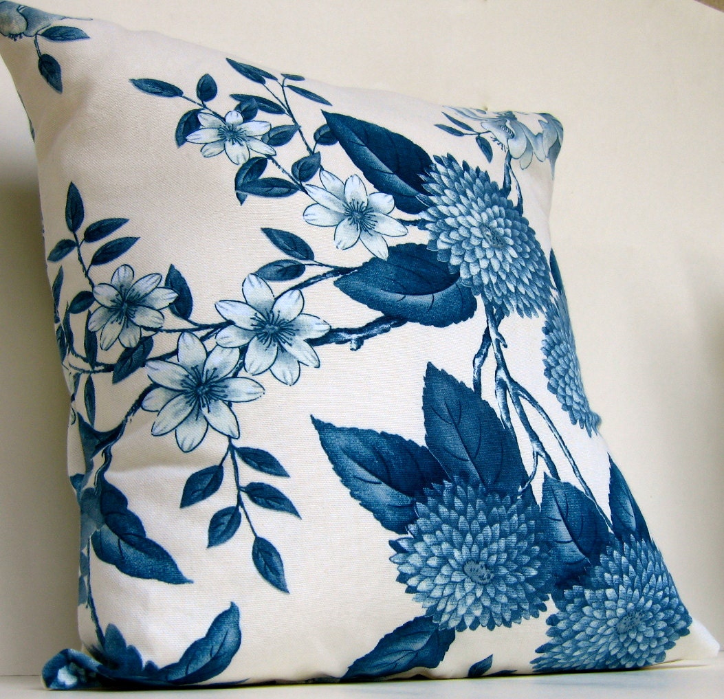 Pillow Cover Toile Blue and White Floral by by ItsSoVintage